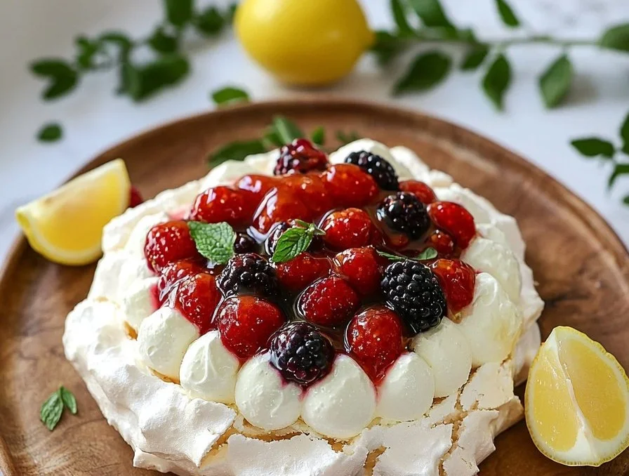 Delicious Keto Pavlova dessert topped with fresh berries and whipped cream