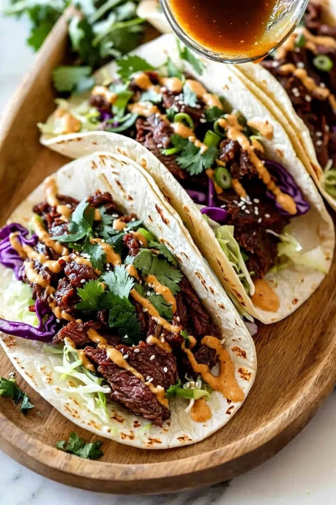 Delicious Korean BBQ Beef Tacos topped with fresh ingredients and spicy sauce