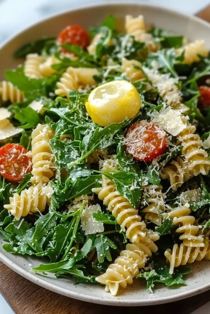 Lemon Arugula Pasta Salad with cherry tomatoes and olive oil dressing