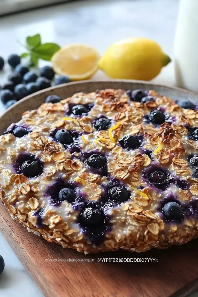 Lemon Blueberry Baked Oats served in a bowl with fresh blueberries and lemon slices