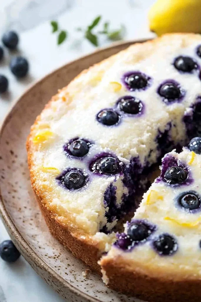 Slice of homemade lemon blueberry cake with fresh blueberries on top