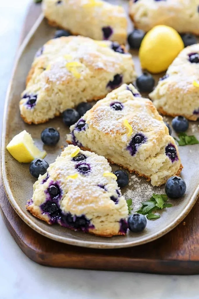 Freshly baked Lemon Blueberry Scones on a plate.