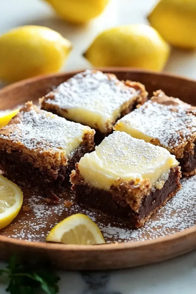 Freshly baked lemon brownie bars topped with zesty lemon frosting.