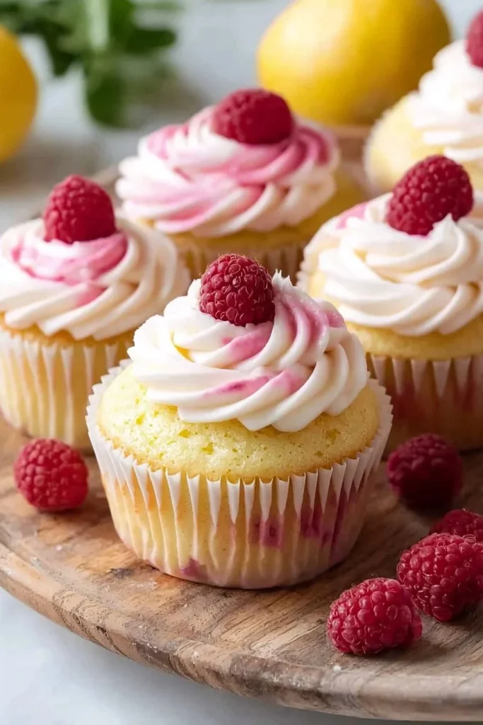 Lemon cupcakes with raspberry buttercream frosting on a decorative platter