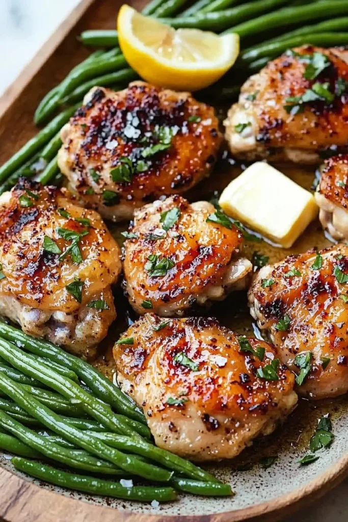 Lemon garlic butter chicken thighs served with herbs on a plate