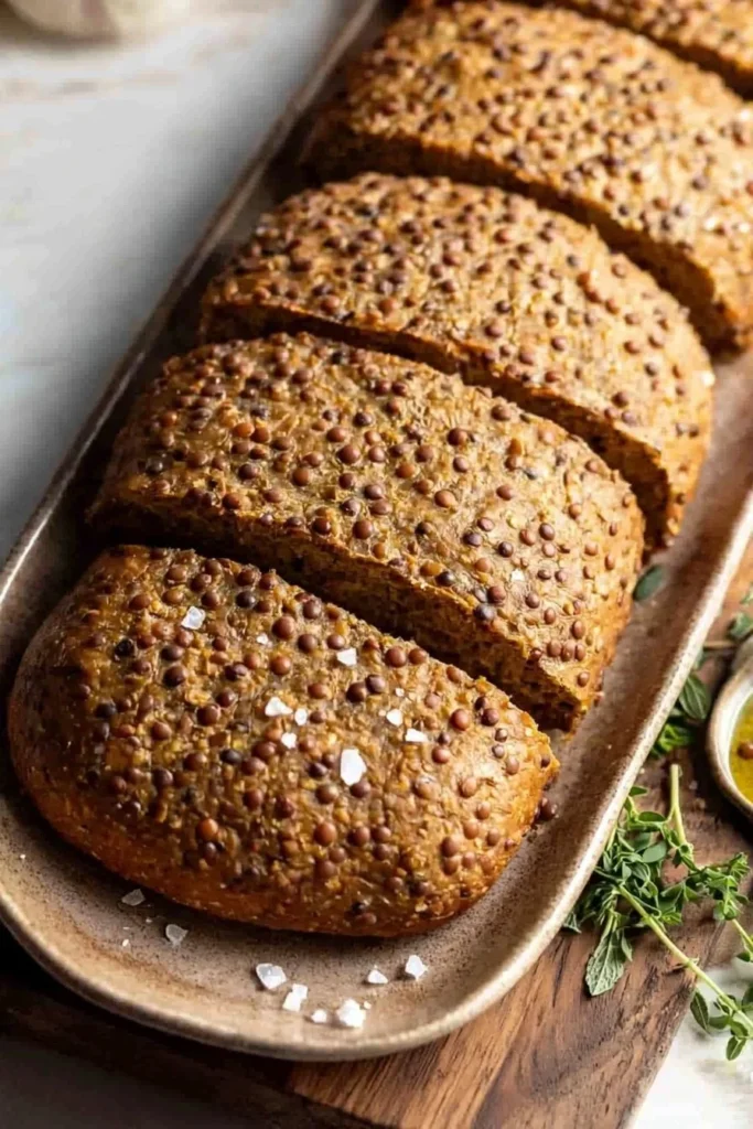 Freshly baked lentil bread with a golden crust and healthy ingredients.