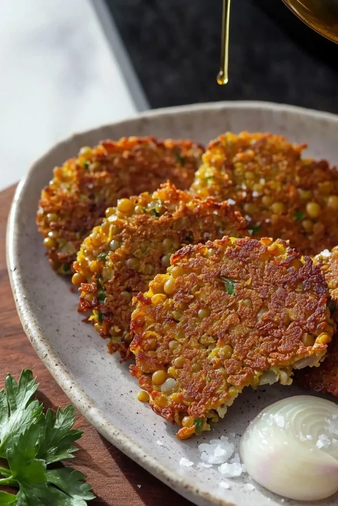 Plate of crispy lentil fritters served with dipping sauce