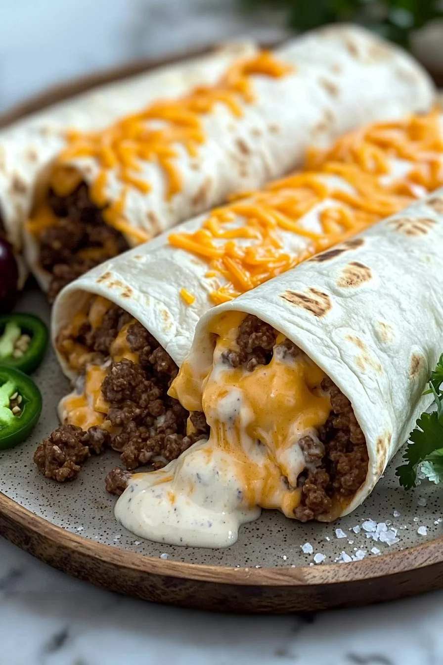Loaded Beef and Cheese Burritos with Melted Cheddar and Creamy Sauce