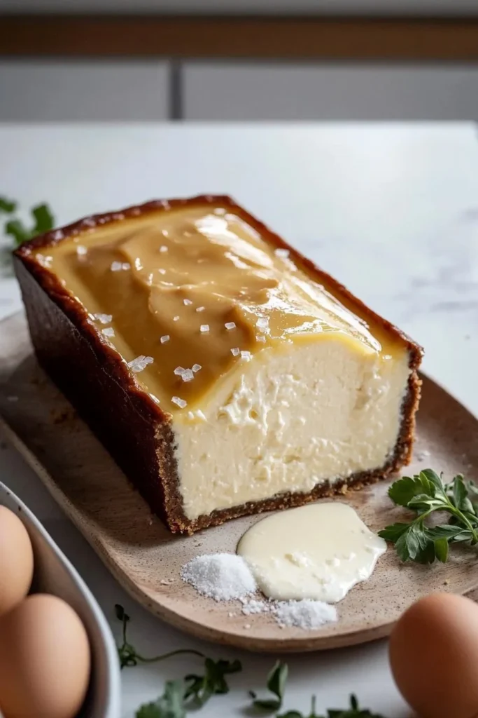 Delicious Loaf Pan Basque Cheesecake served on a white plate