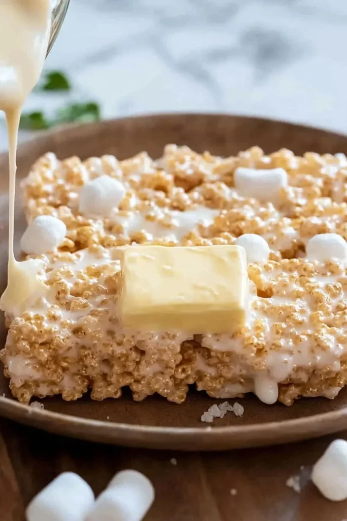 Delicious homemade Rice Krispie Treats with melted marshmallows and crispy rice