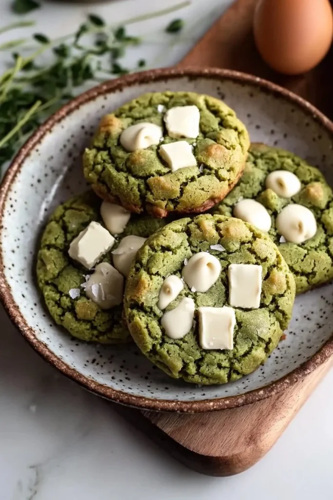 Freshly baked matcha chocolate cookies with green tea and chocolate chunks