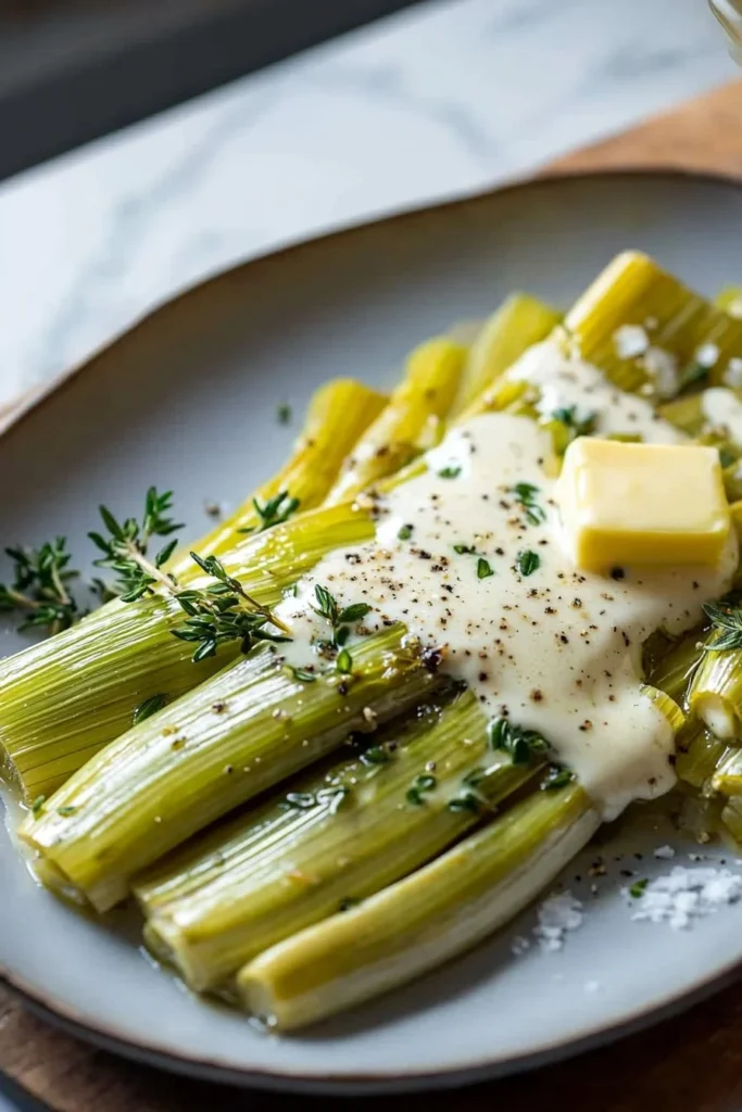 Delicious braised leeks served with a creamy broth sauce