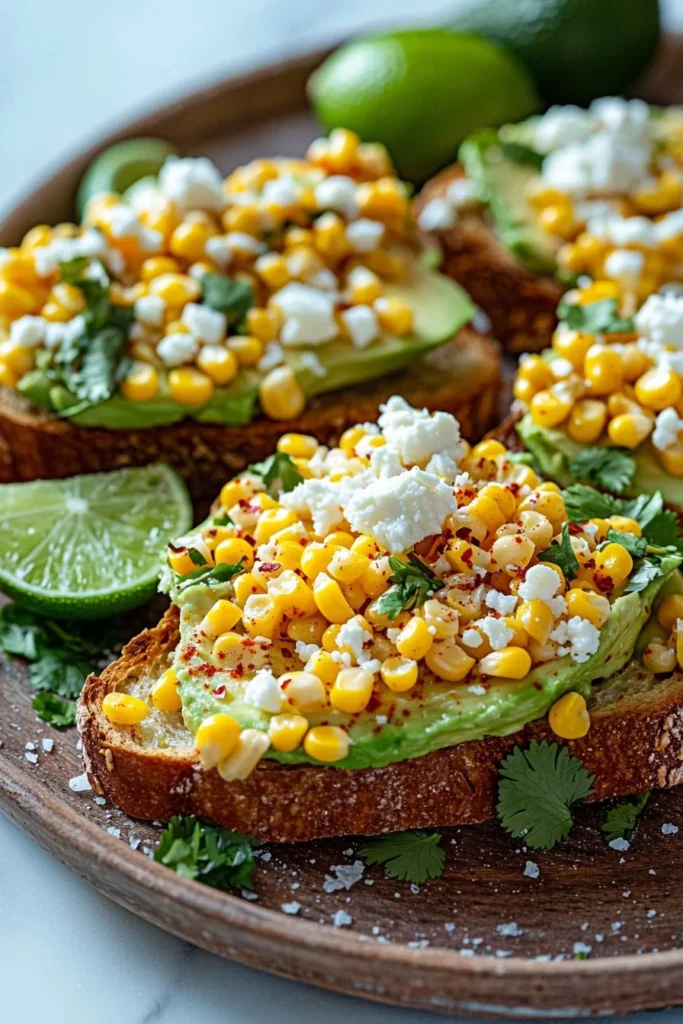 Delicious Mexican street corn avocado toast topped with fresh ingredients.