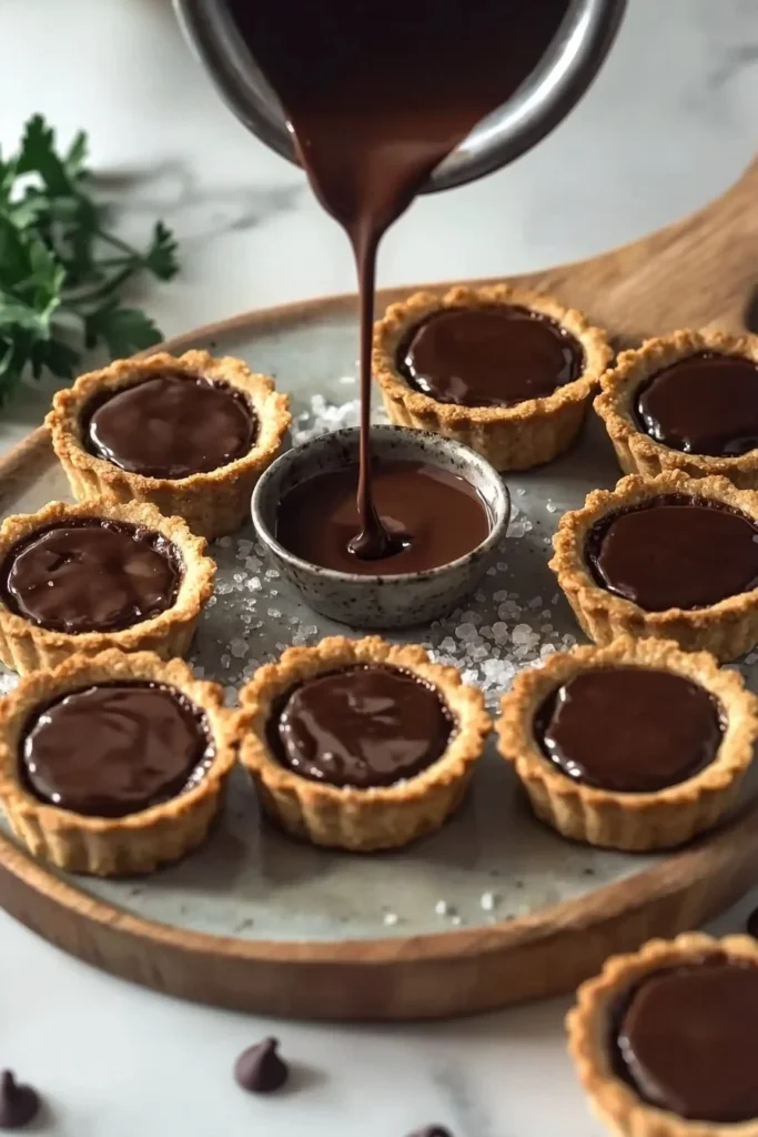 Delicious mini chocolate tarts topped with chocolate ganache and fresh berries.
