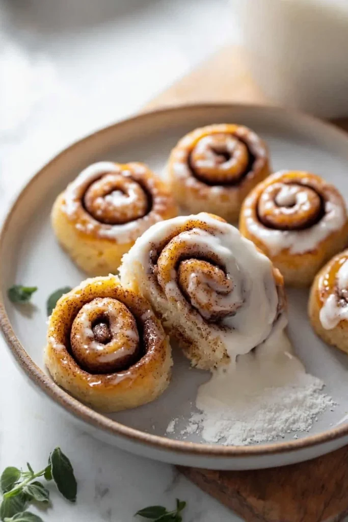 Freshly baked mini cinnamon rolls topped with icing on a wooden table.
