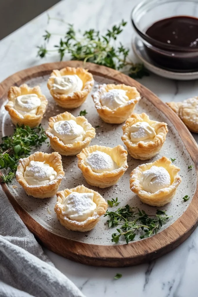 Mini cream-filled pastry cups topped with whipped cream and berries