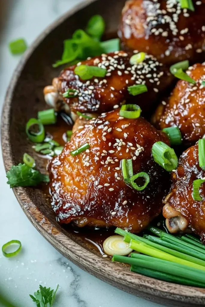 Delicious Mongolian Chicken Thighs served on a plate with garnishes.
