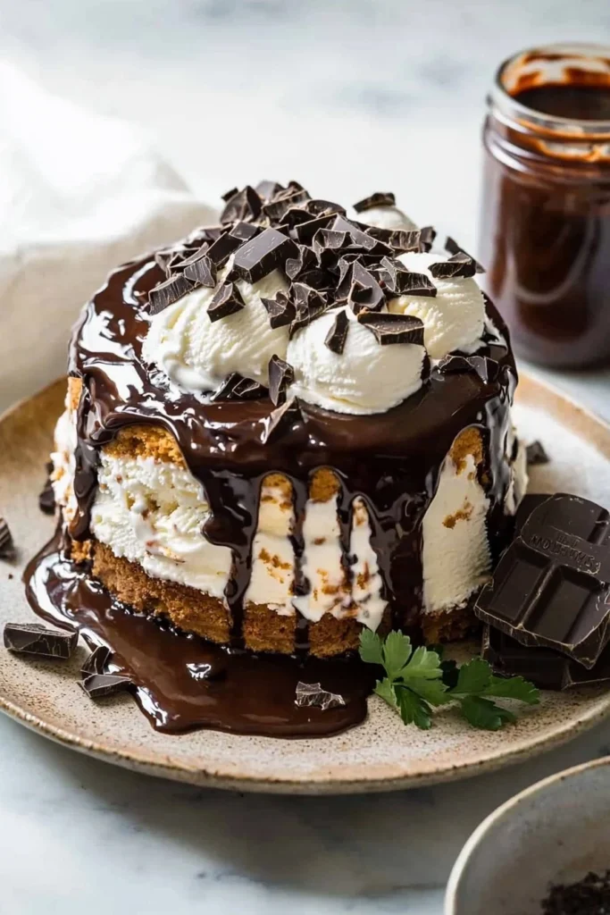 Moose Tracks Ice Cream Cake with chocolate and peanut butter swirls