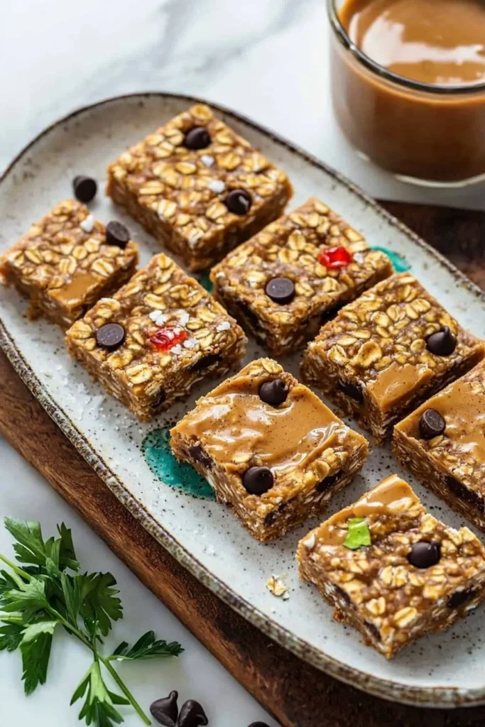 Homemade no bake protein bars stacked on a plate