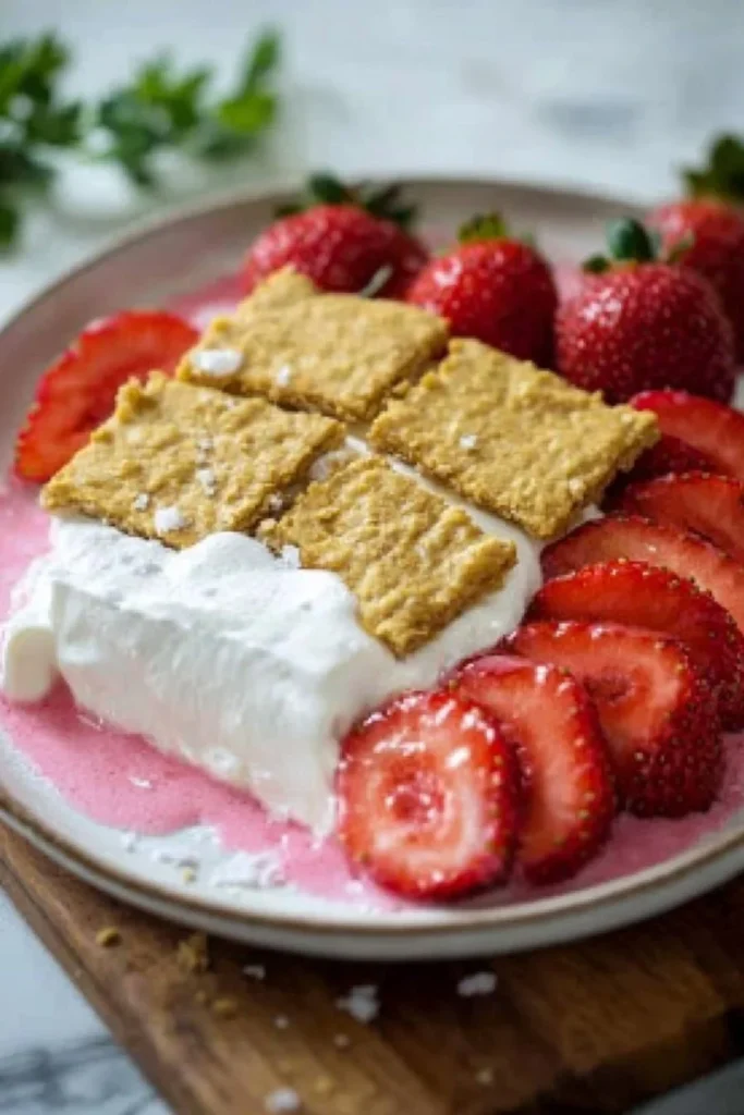 Delicious No Bake Strawberry Delight dessert topped with fresh strawberries