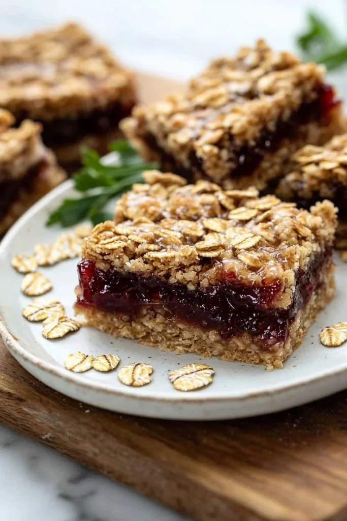 Delicious homemade oatmeal jam bars with fruit filling on a plate