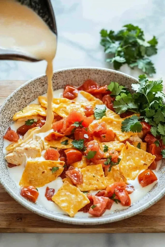 One pan creamy queso chicken dish topped with melted cheese and spices.