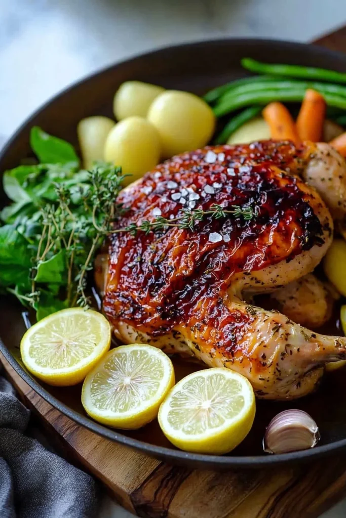 One-pan lemon herb roasted chicken freshly baked with lemon slices and herbs