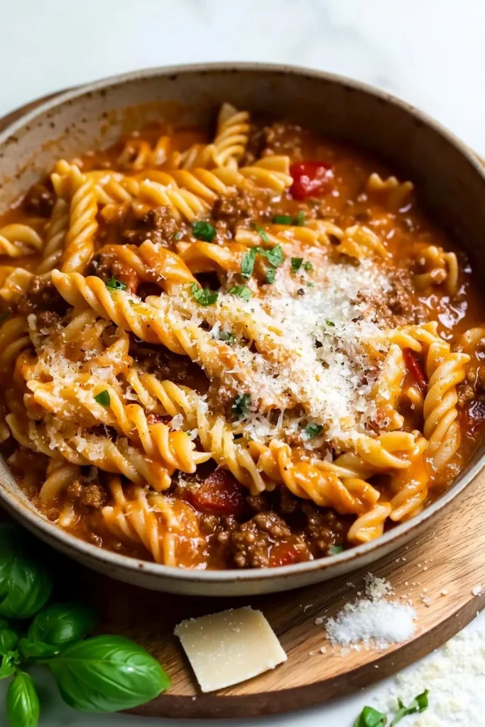 One Pot Creamy Tomato Beef Pasta served with herbs in a bowl