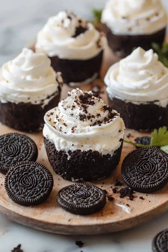 Delicious no-bake Oreo cheesecake cups garnished with crushed Oreos.