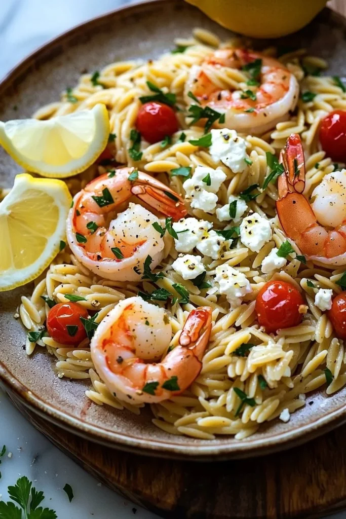 Plate of orzo with shrimp and feta cheese garnished with herbs