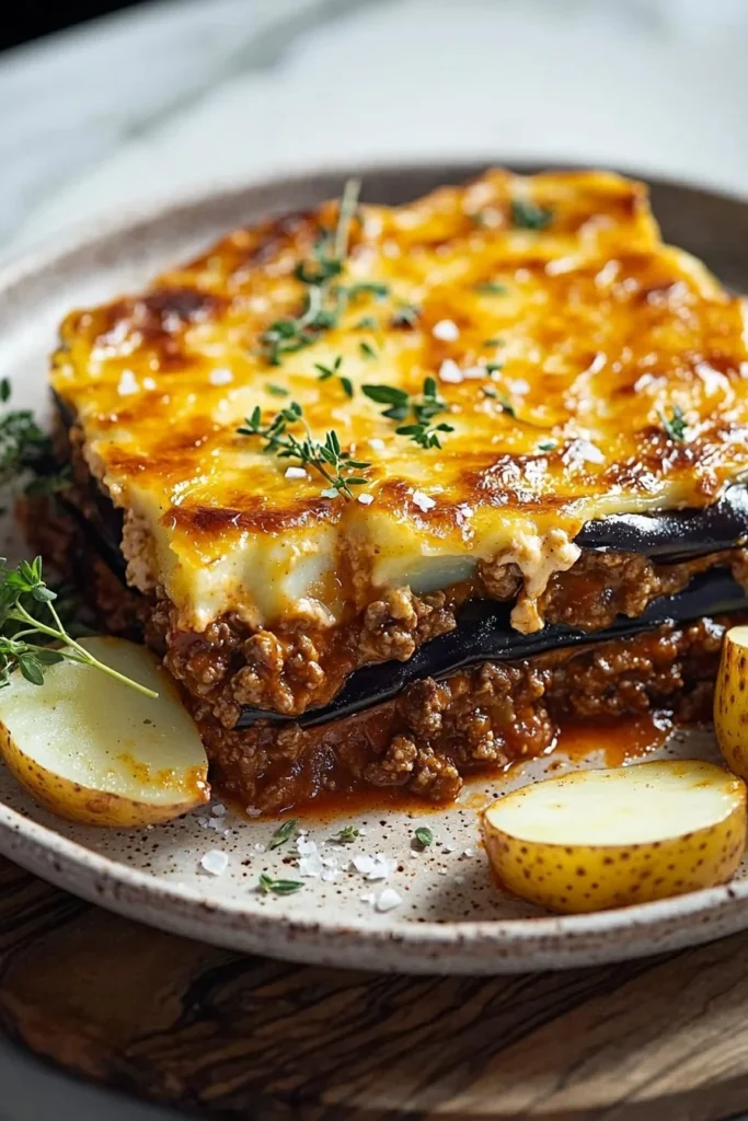 Delicious homemade beef moussaka layered with eggplant and béchamel sauce
