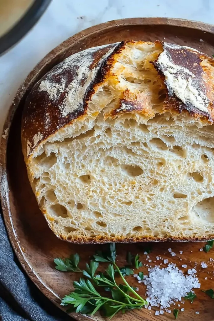 Freshly baked overnight sourdough bread loaf on a wooden cutting board.