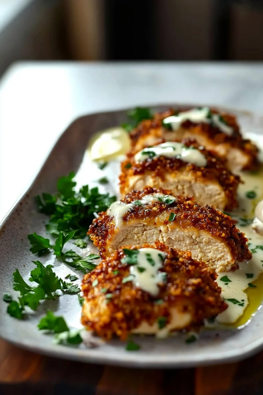 Parmesan Crusted Chicken With Creamy Garlic Sauce