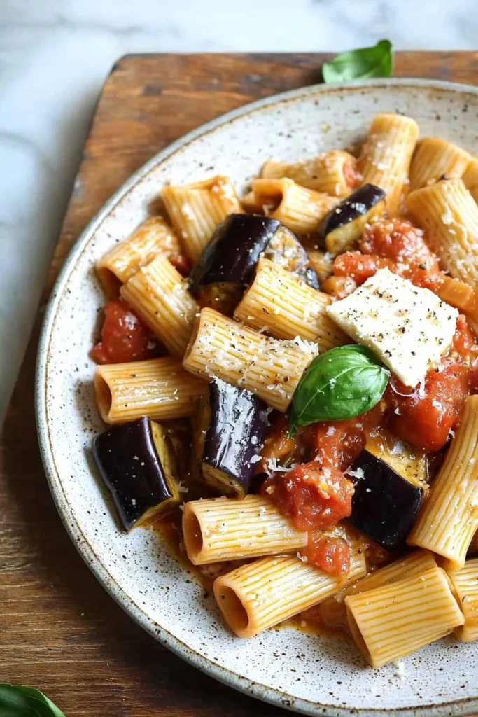 A plate of Pasta alla Norma topped with fresh basil and ricotta cheese.