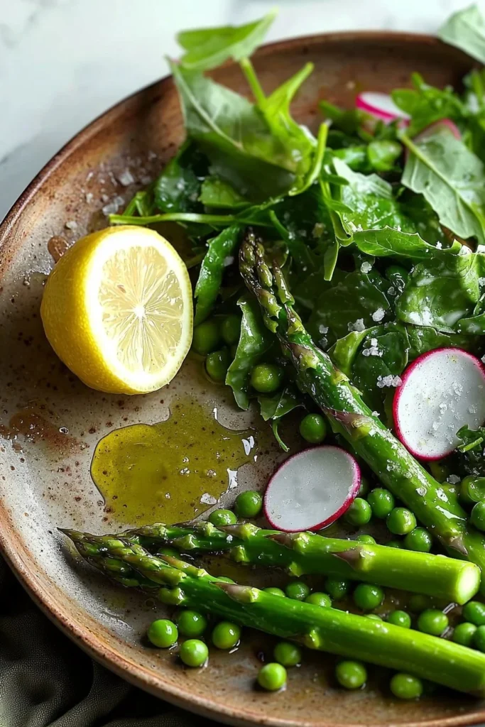 Fresh Pea and Asparagus Salad topped with lemon and herbs