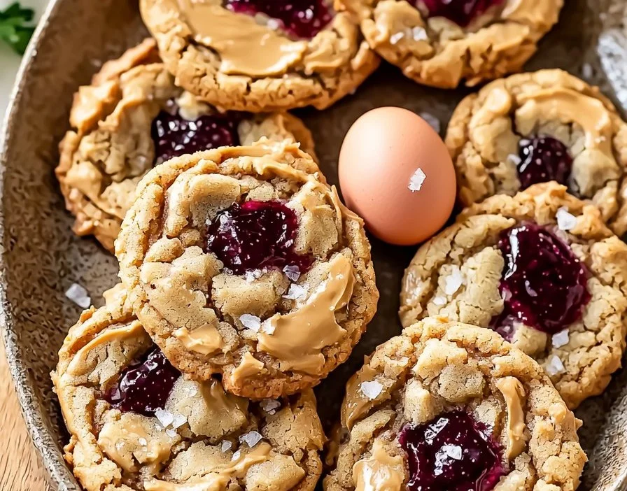 Delicious peanut butter and jelly cookies freshly baked on a cooling rack.