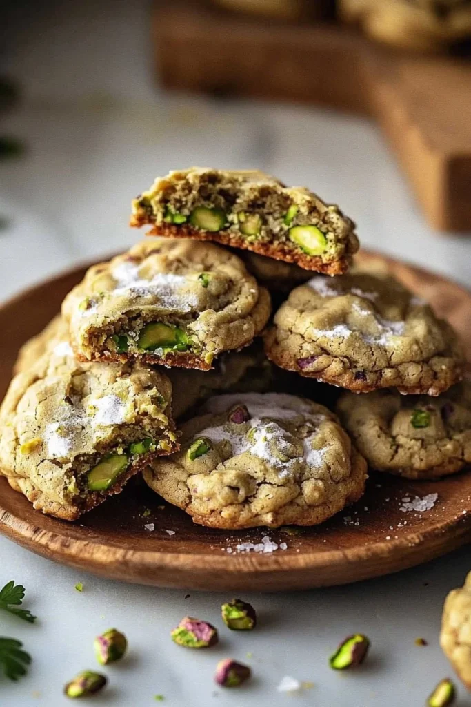 Pistachio cream cookies on a decorative plate