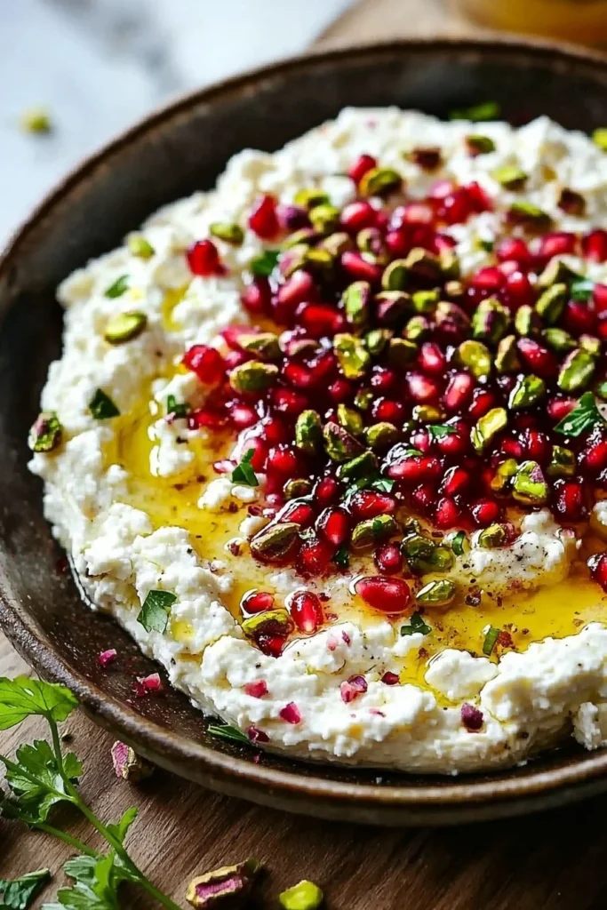 Delicious Pomegranate Pistachio Feta Dip served with fresh veggies