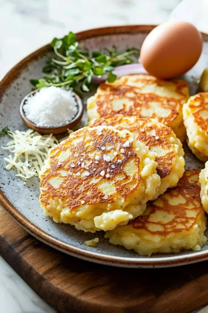 Crispy homemade potato pancakes served on a plate with toppings