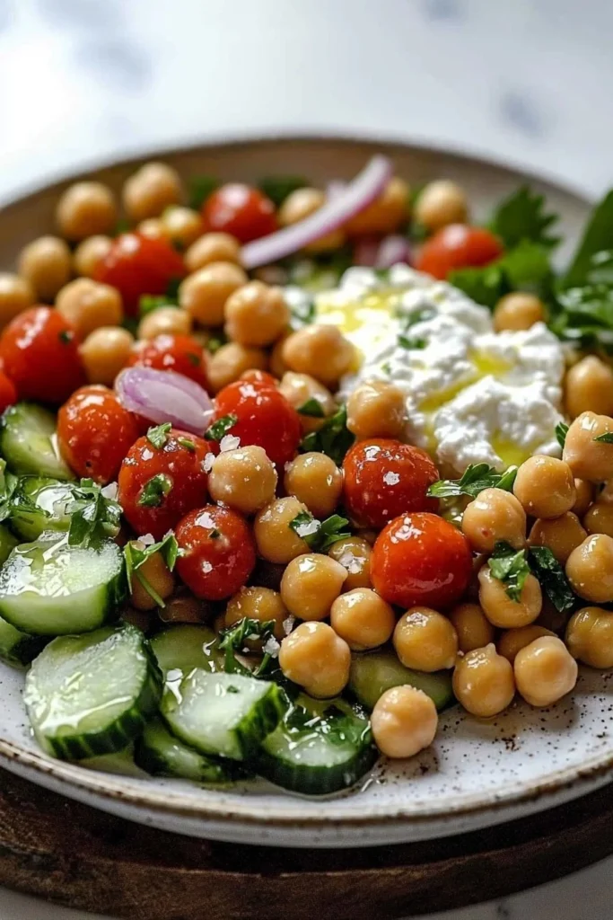 Protein-packed cottage cheese and chickpea salad served in a bowl.