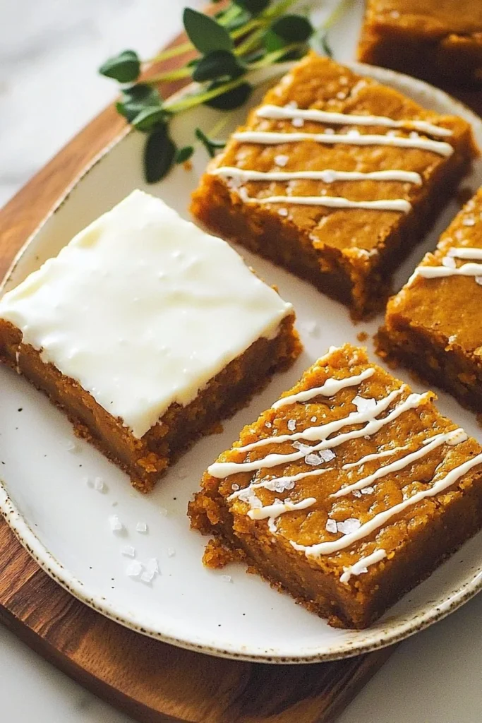 Delicious homemade pumpkin bars with cream cheese frosting on a plate.