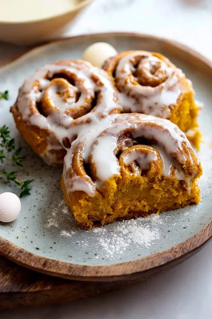 Delicious Pumpkin Cinnamon Rolls topped with creamy icing