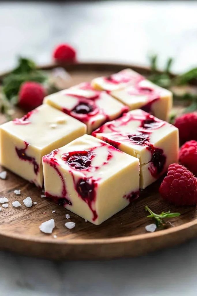 Delicious quick white chocolate raspberry fudge in a decorative dish.