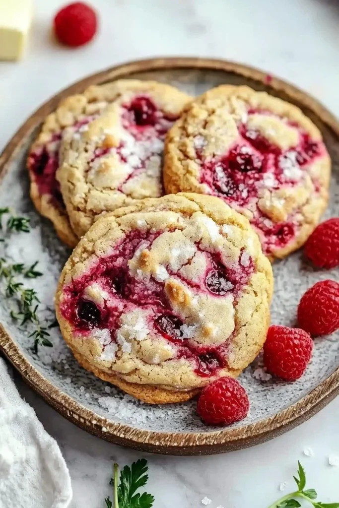 Freshly baked raspberry cookies with vibrant berries on top