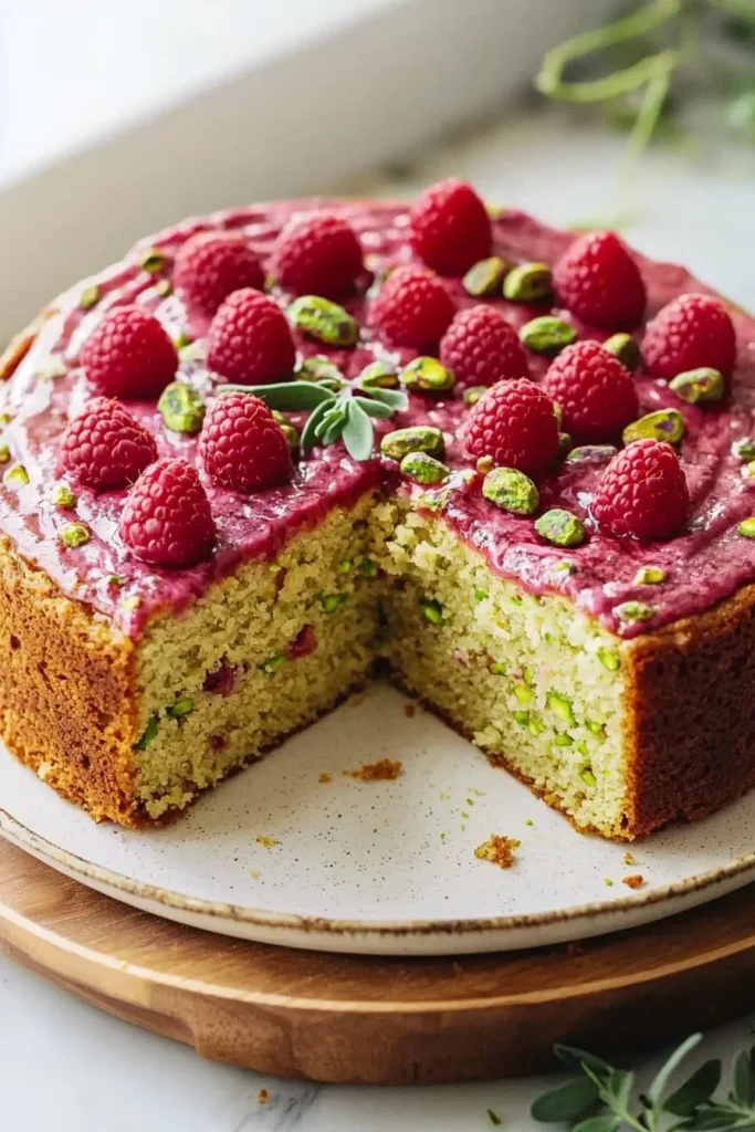 Raspberry Pistachio Cake with fresh raspberries and pistachios on a white plate