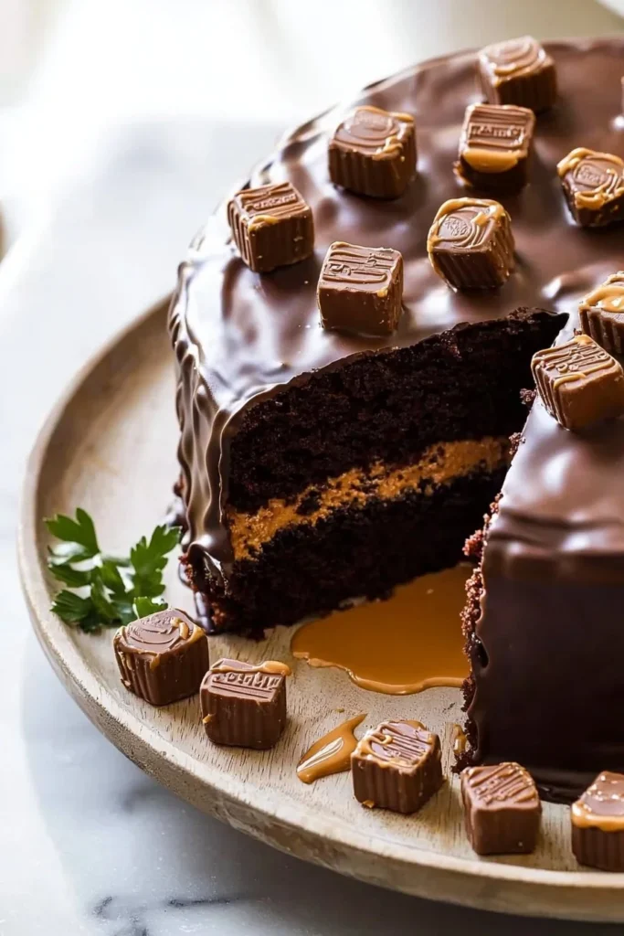 Delicious Reese's Peanut Butter Chocolate Cake with chocolate frosting and peanut butter swirls