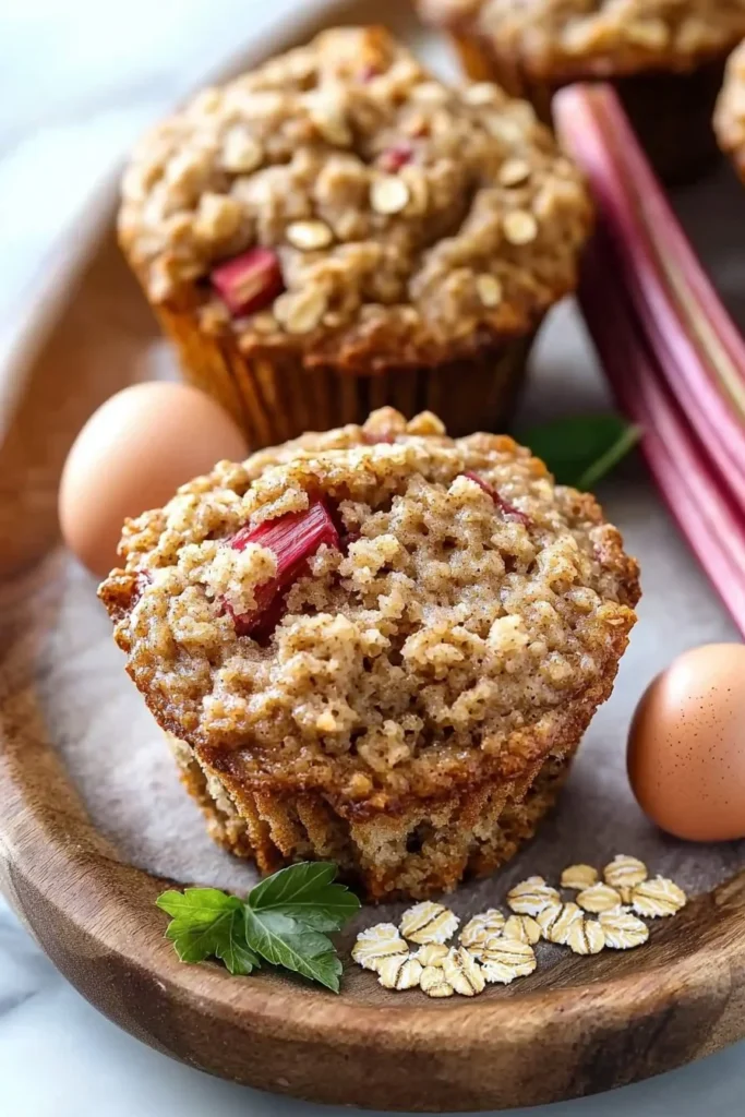 Freshly baked rhubarb oat muffins served on a wooden table