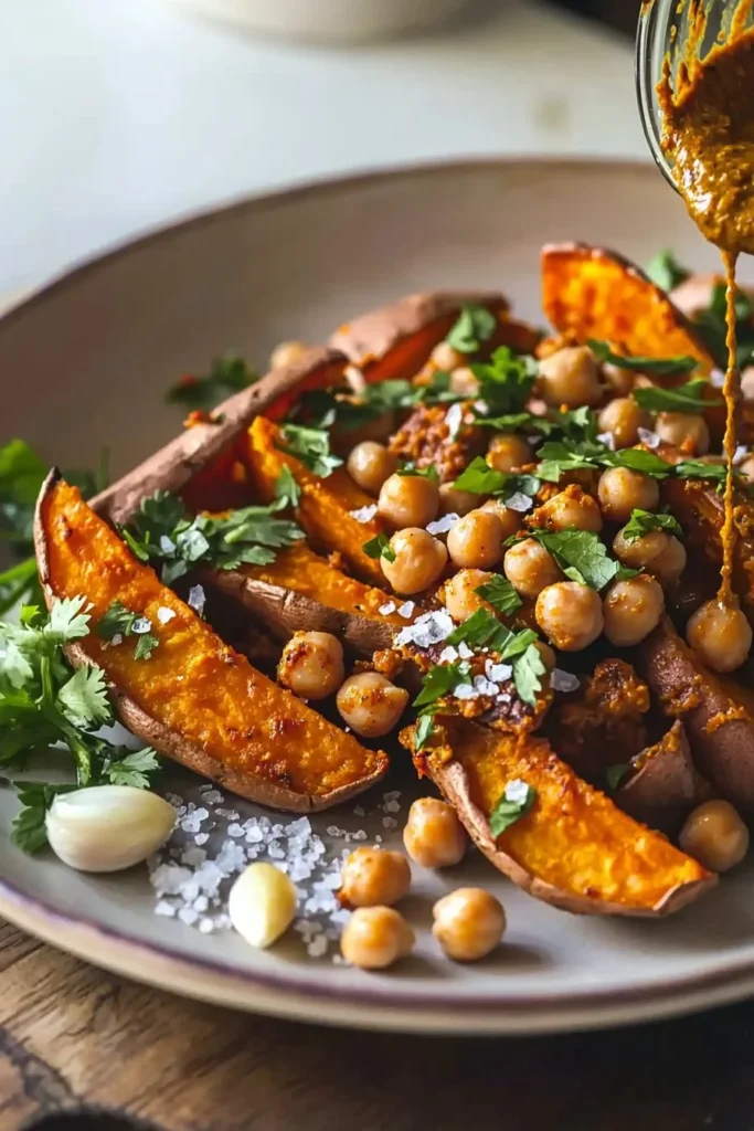 Roasted sweet potatoes served with harissa chickpeas in a colorful bowl