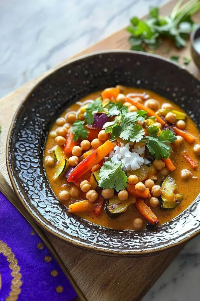 Delicious roasted vegetable and chickpea curry served in a bowl