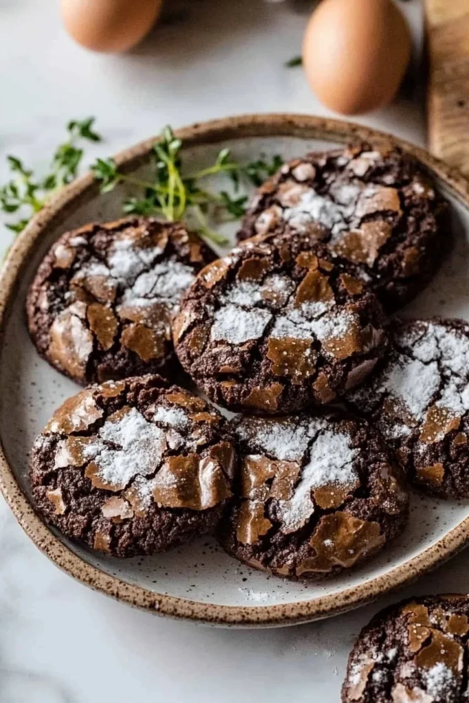 Salted brownie crinkle cookies with a rich chocolate appearance and flaky top.